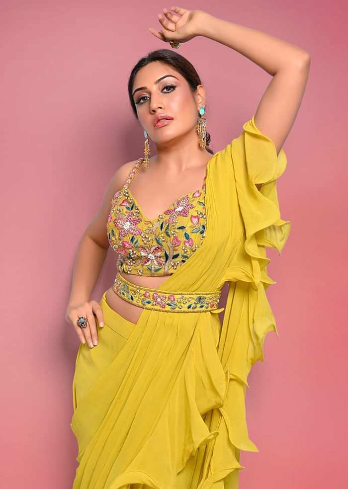 Citrus Ready To Wear Ruffle Saree With Multi-Color Floral Hand Embroidered Blouse