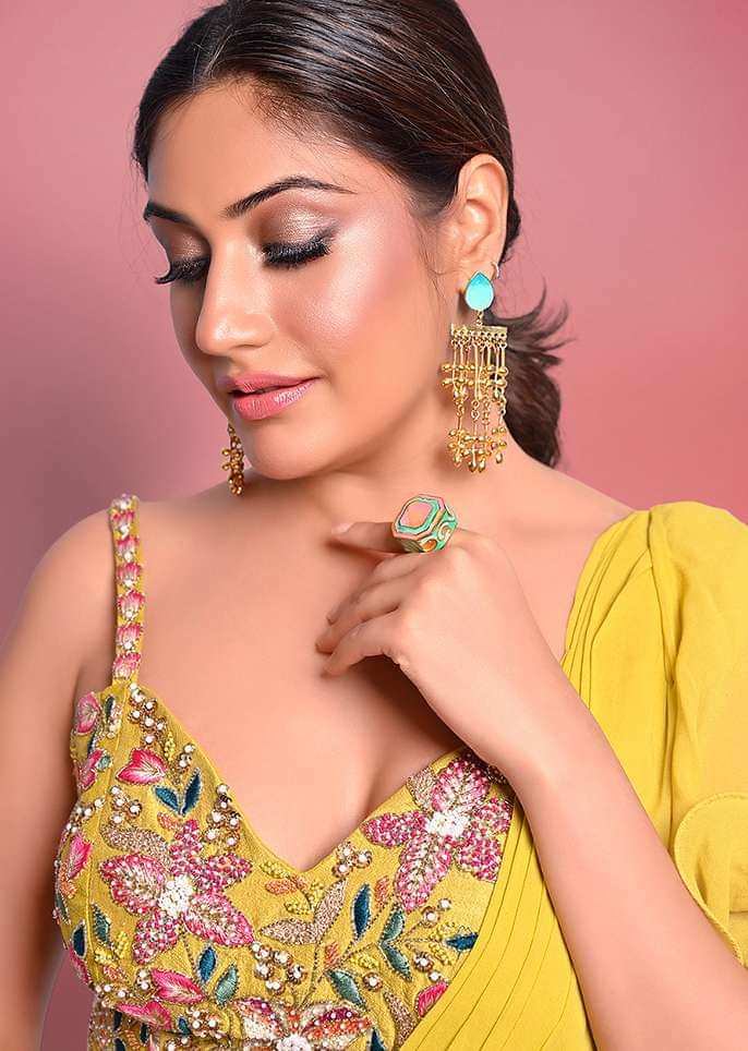 Citrus Ready To Wear Ruffle Saree With Multi-Color Floral Hand Embroidered Blouse