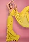 Citrus Ready To Wear Ruffle Saree With Multi-Color Floral Hand Embroidered Blouse