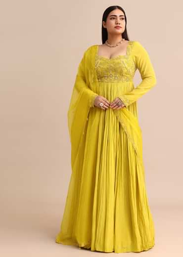 Sweetheart Neck Embroidered Crepe Yellow Anarkali Suit