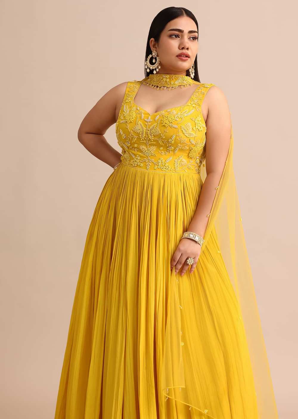 Sweetheart Neck Yellow Embroidered Anarkali Suit With Choker Dupatta