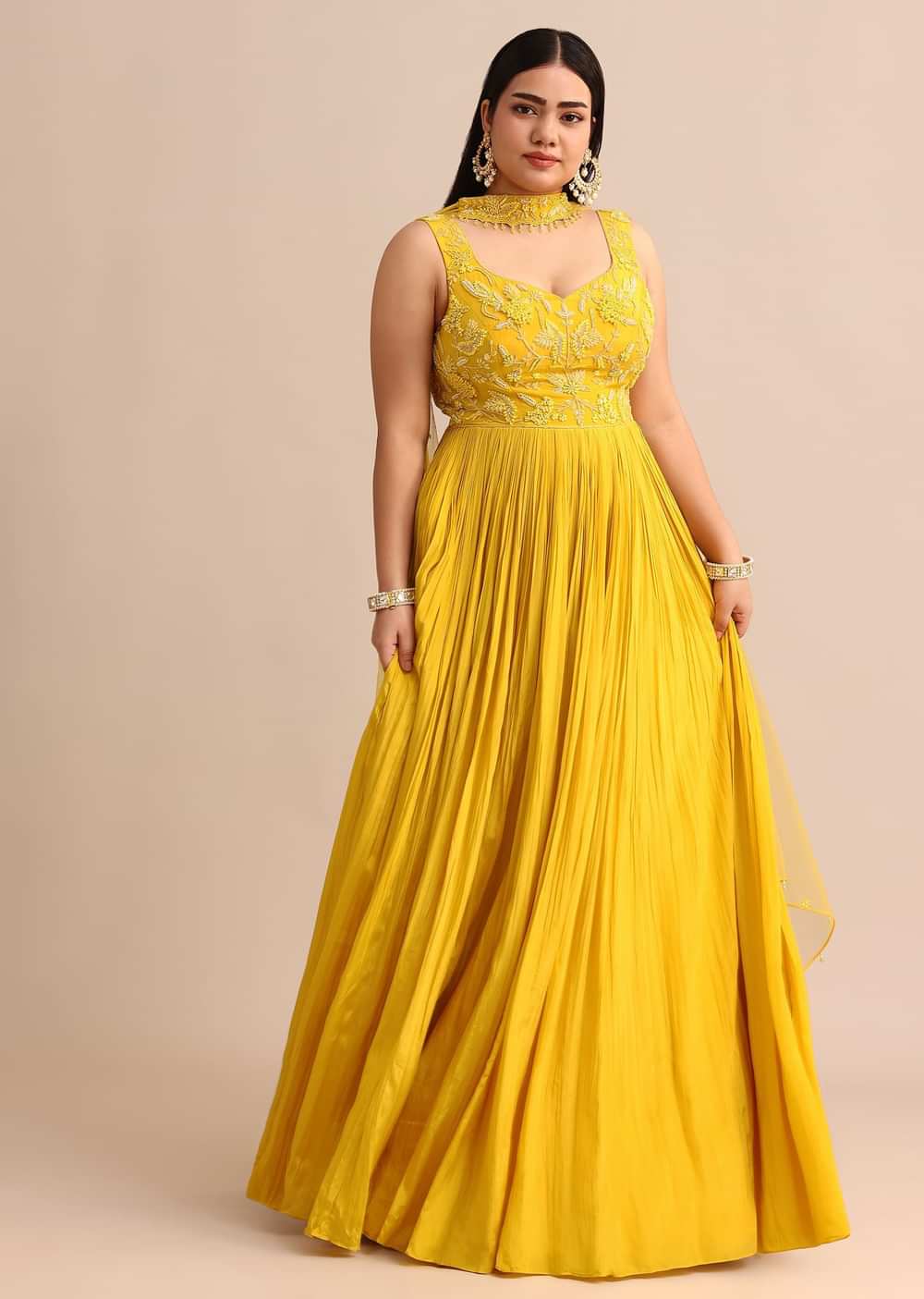 Sweetheart Neck Yellow Embroidered Anarkali Suit With Choker Dupatta