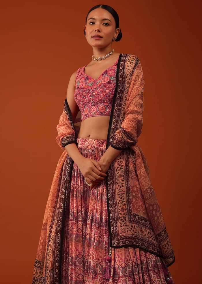 Tangerine Orange Ajrakh Printed Lehenga And Blouse Set In Chinon