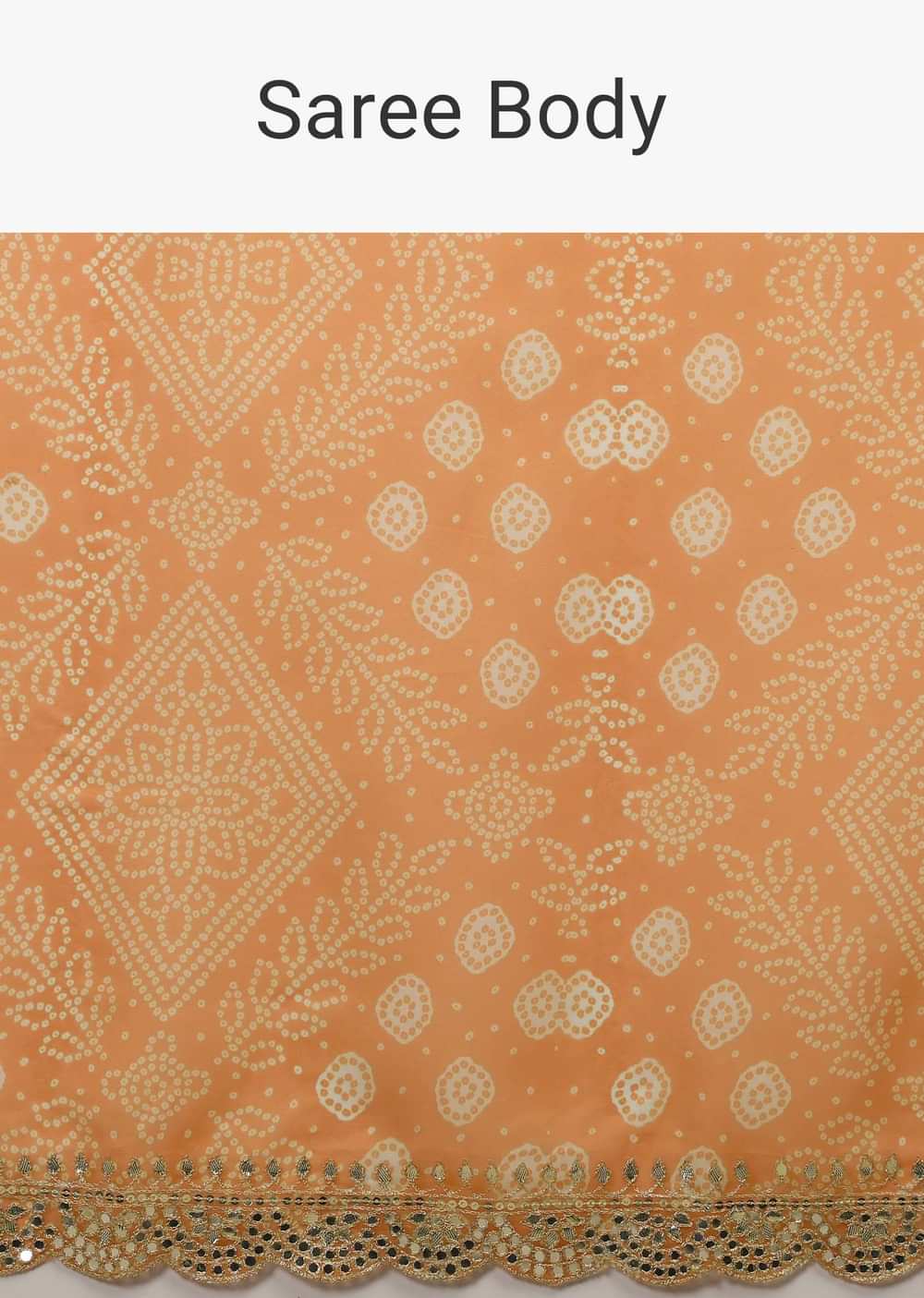 Tangerine Saree In Organza With Bandhani Buttis And Gotta Patti Embroidered Scallop Cut Border