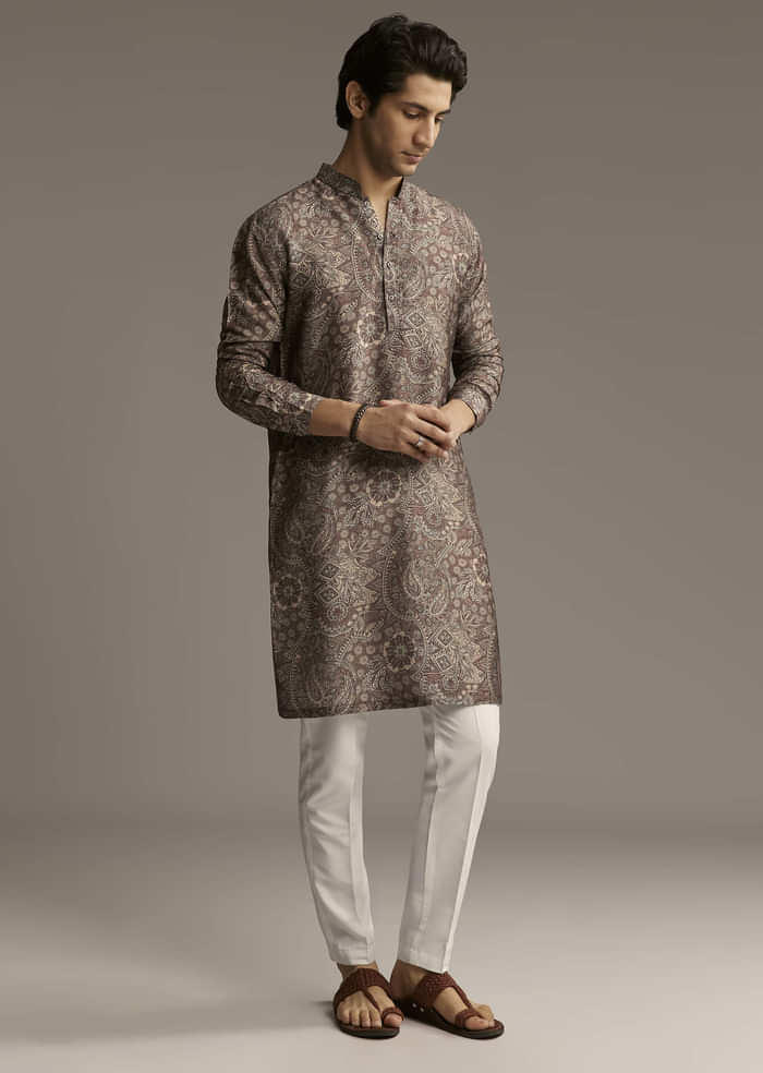 Taupe Brown Silk Designer Kurta For Men With Intricate Paisley And Floral Motif Print