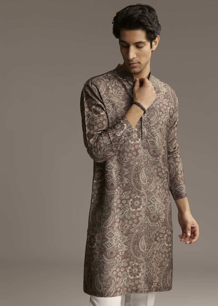 Taupe Brown Silk Designer Kurta For Men With Intricate Paisley And Floral Motif Print