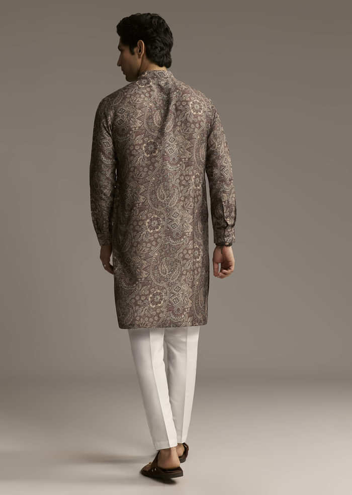 Taupe Brown Silk Designer Kurta For Men With Intricate Paisley And Floral Motif Print