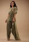 Tea Green Satin Peplum Top And Dhoti Pants With A Floral Print