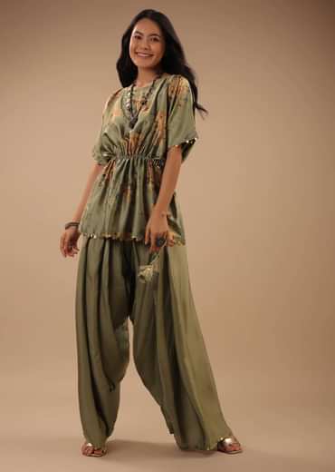 Tea Green Satin Peplum Top And Dhoti Pants With A Floral Print