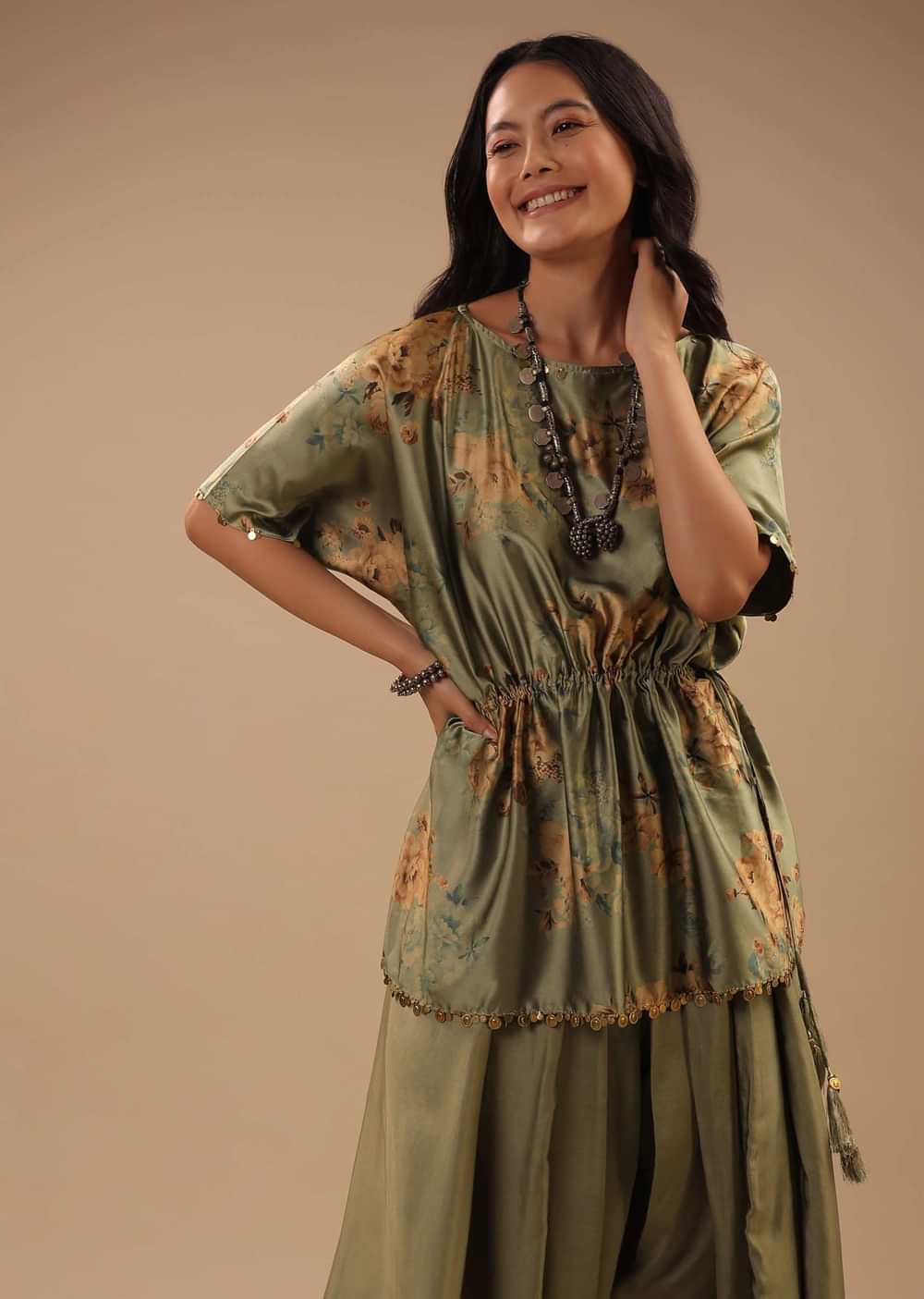 Tea Green Satin Peplum Top And Dhoti Pants With A Floral Print