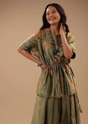 Tea Green Satin Peplum Top And Dhoti Pants With A Floral Print