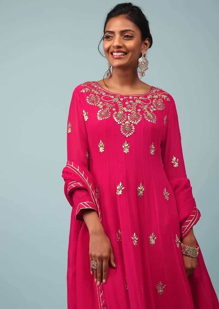 Teaberry Pink Embroidered Anarkali Suit In Georgette