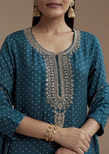Teal Bandhani Print Silk Kurta Set with Zari Work