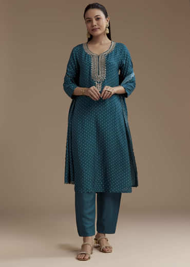Teal Bandhani Print Silk Kurta Set with Zari Work