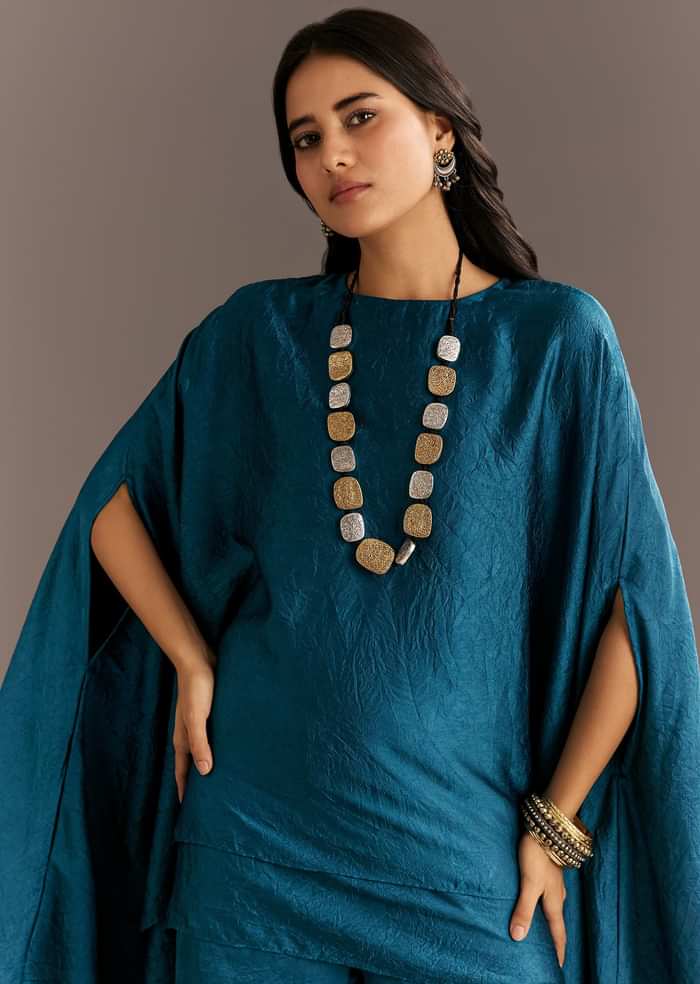 Teal Blue Crush Silk Kaftaan Set Styled With Stone Neckpiece