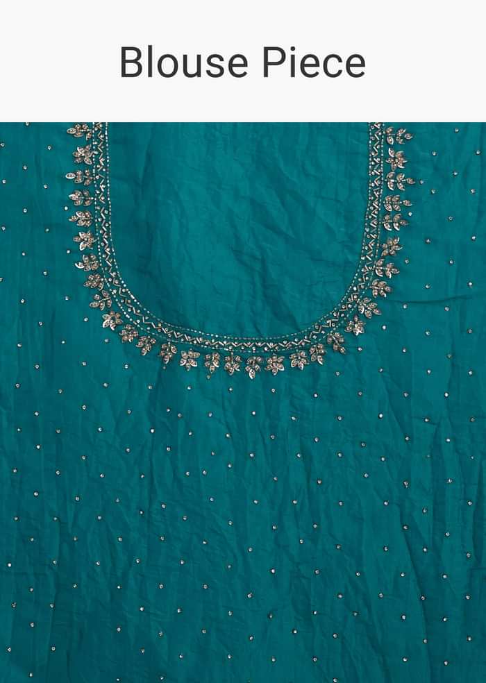 Teal Blue Crushed Tissue Stone Embellished Saree With Cutdana Scallop Border