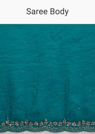 Teal Blue Crushed Tissue Stone Embellished Saree With Cutdana Scallop Border