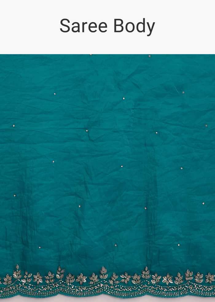 Teal Blue Crushed Tissue Stone Embellished Saree With Cutdana Scallop Border
