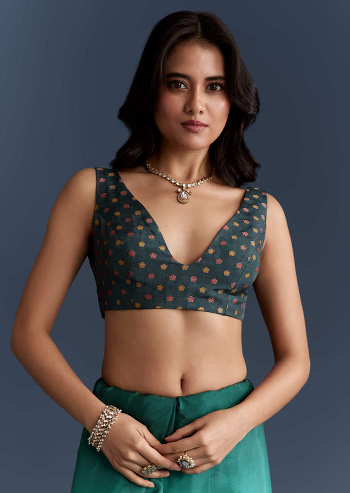 Teal Blue Dola Silk Saree With Nature Motifs And Embroidery