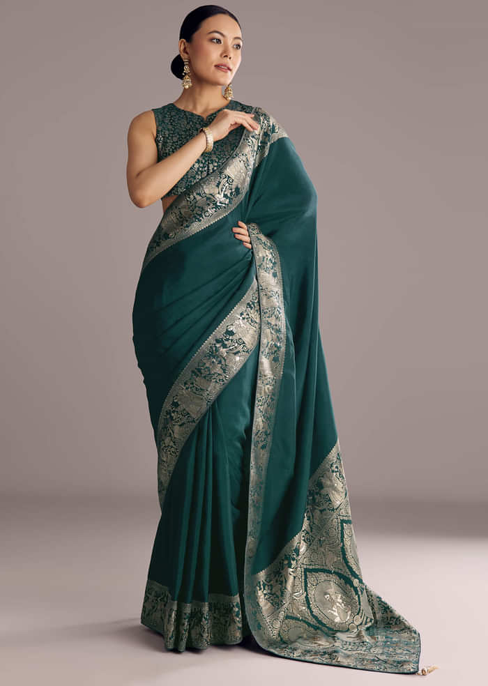 Teal Blue Dola Silk Saree With Zari Woven Motifs