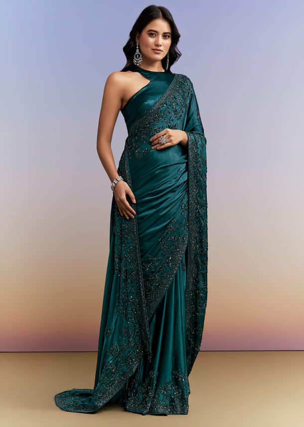 Teal Blue Satin Chinon Saree With Heavy Hand Embroidery Teal Blue Satin Chinon Saree With Heavy Hand Embroidery
