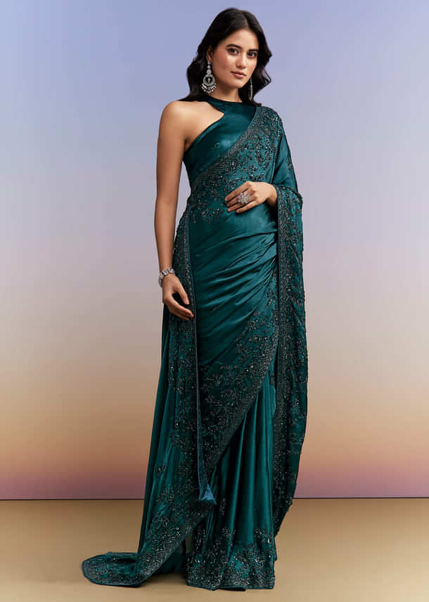 Teal Blue Satin Chinon Saree With Heavy Hand Embroidery Teal Blue Satin Chinon Saree With Heavy Hand Embroidery