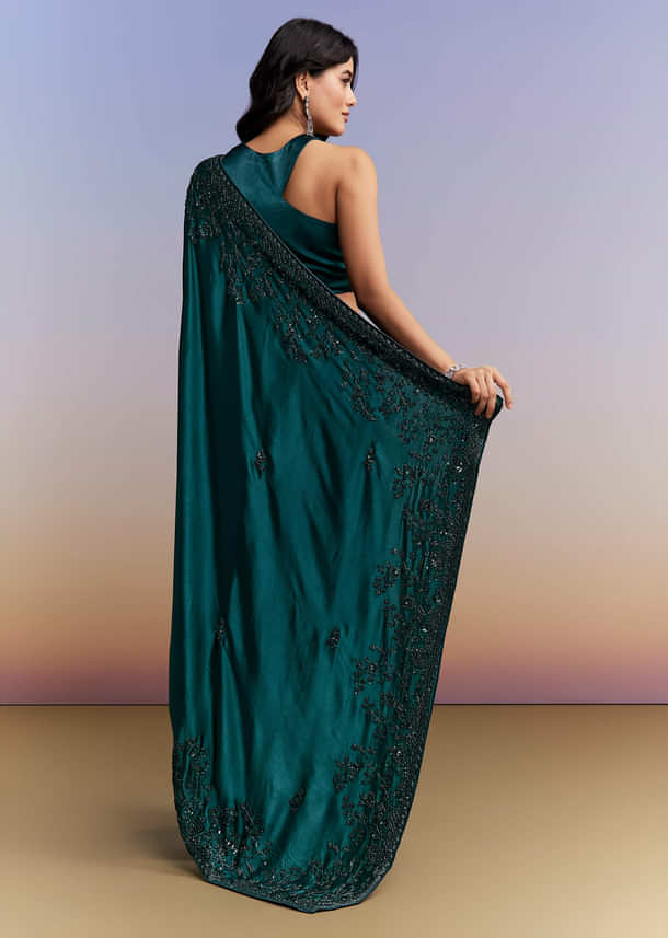 Teal Blue Satin Chinon Saree With Heavy Hand Embroidery Teal Blue Satin Chinon Saree With Heavy Hand Embroidery