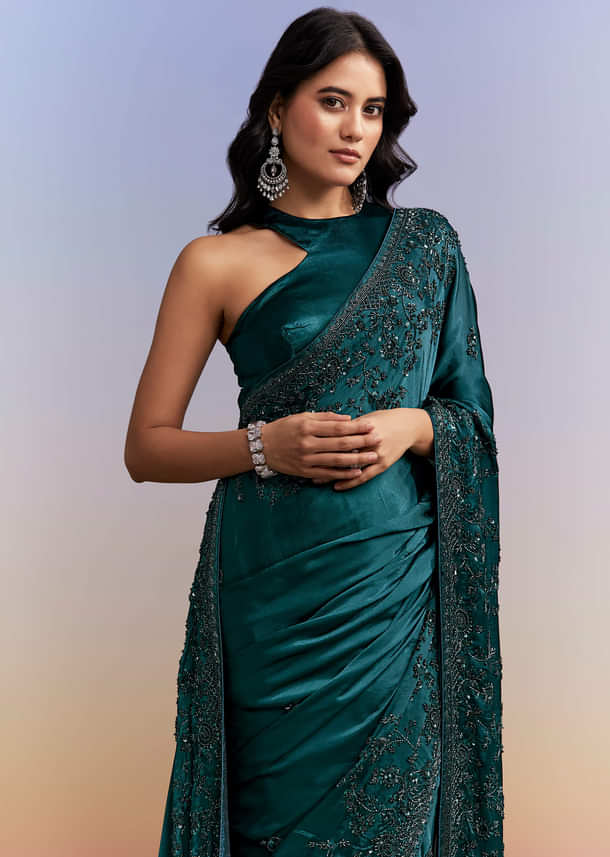 Teal Blue Satin Chinon Saree With Heavy Hand Embroidery Teal Blue Satin Chinon Saree With Heavy Hand Embroidery