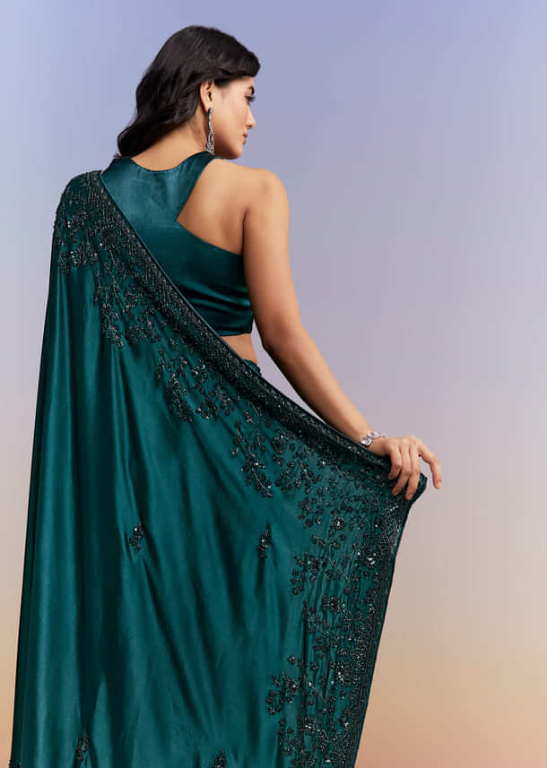 Teal Blue Satin Chinon Saree With Heavy Hand Embroidery Teal Blue Satin Chinon Saree With Heavy Hand Embroidery