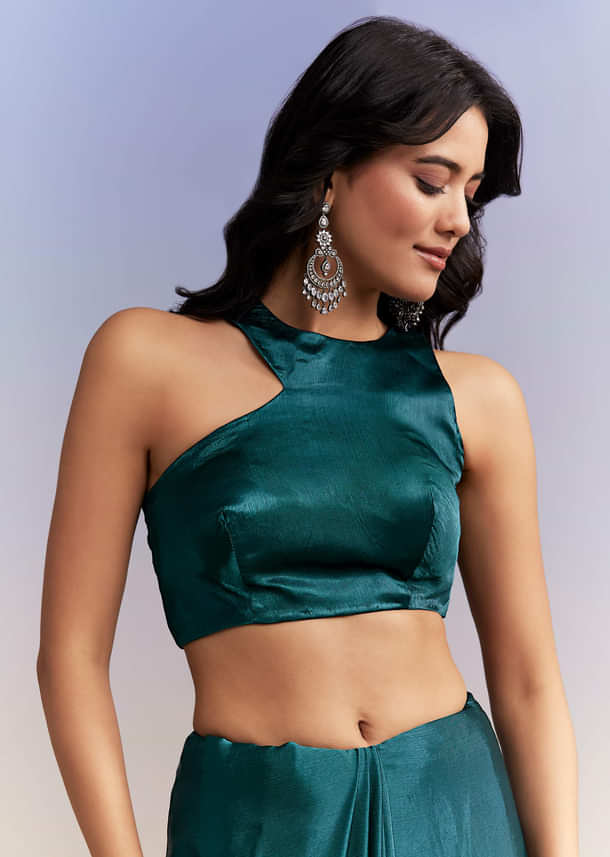 Teal Blue Satin Chinon Saree With Heavy Hand Embroidery Teal Blue Satin Chinon Saree With Heavy Hand Embroidery