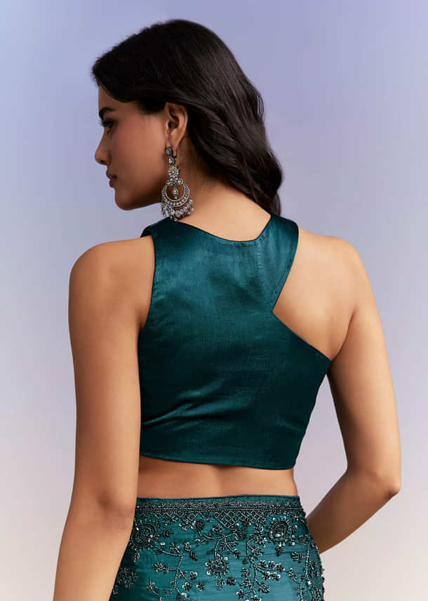 Teal Blue Satin Chinon Saree With Heavy Hand Embroidery Teal Blue Satin Chinon Saree With Heavy Hand Embroidery