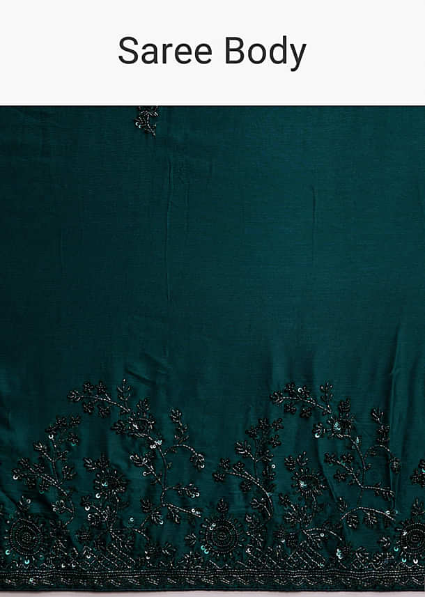 Teal Blue Satin Chinon Saree With Heavy Hand Embroidery Teal Blue Satin Chinon Saree With Heavy Hand Embroidery