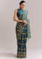 Teal Blue Satin Saree With Ajrakh Print And Scallop Gota Zari Border