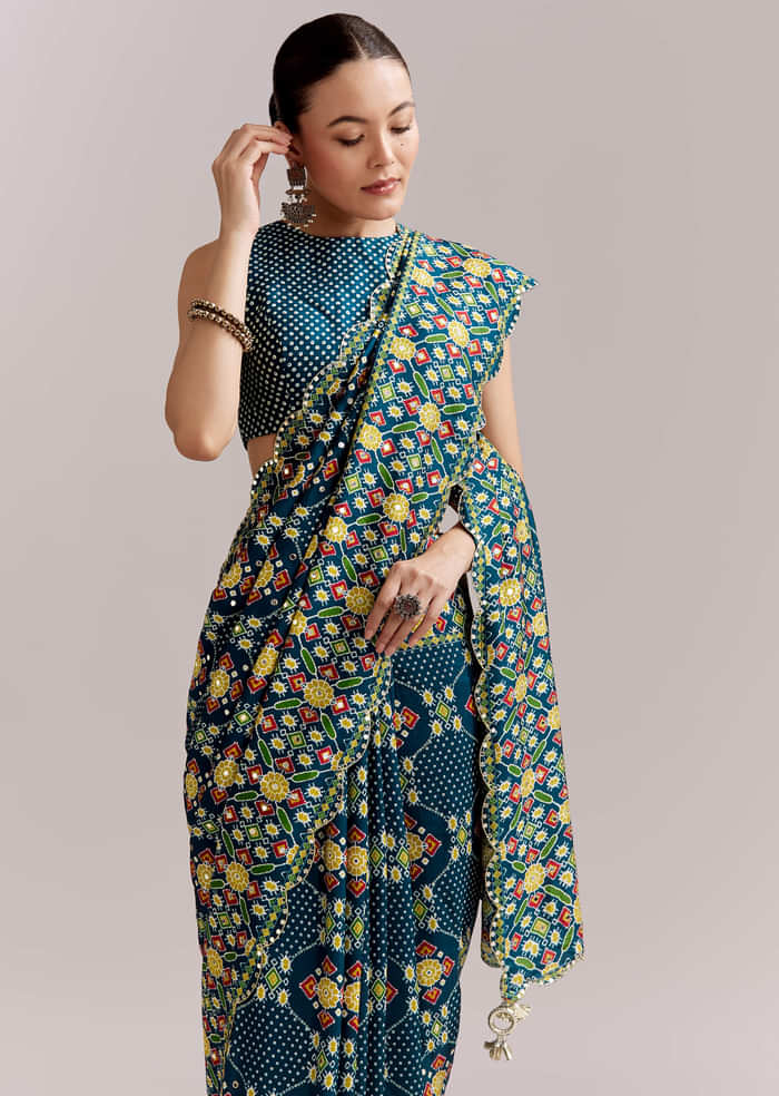 Teal Blue Satin Saree With Ajrakh Print And Scallop Gota Zari Border