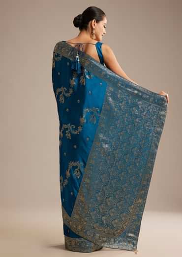 Teal Blue Satin Saree With Zari Woven Work
