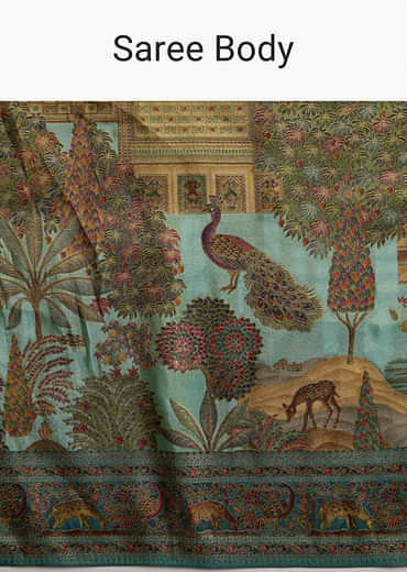 Teal Blue Satin Silk Woven Saree With Digital Historical Print