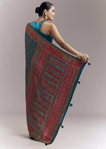Teal Blue Satin Woven Saree With Multicolour Traditional Motifs Teal Blue Satin Woven Saree With Multicolour Traditional Motifs