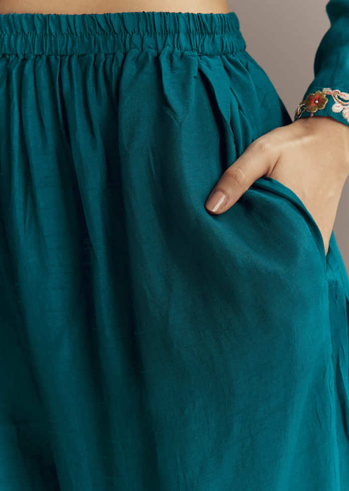 Teal Blue Silk Kurta Set With Zardosi And Resham Work