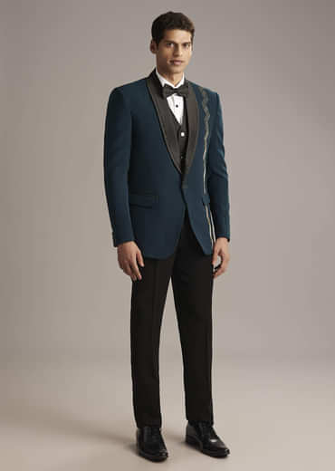 Teal Blue Tuxedo For Men With Cutdana Embroidery