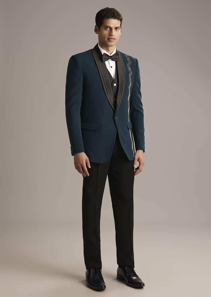 Teal Blue Tuxedo For Men With Cutdana Embroidery