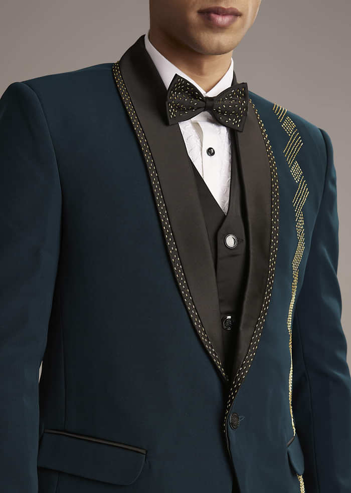 Teal Blue Tuxedo For Men With Cutdana Embroidery