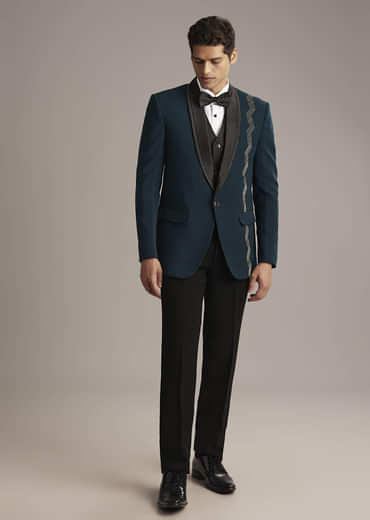 Teal Blue Tuxedo For Men With Cutdana Embroidery