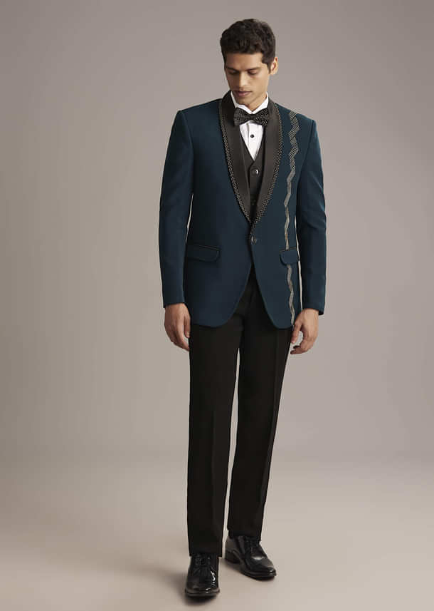 Teal Blue Tuxedo For Men With Cutdana Embroidery Teal Blue Tuxedo For Men With Cutdana Embroidery