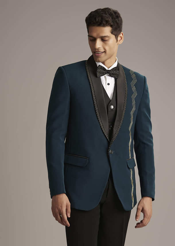 Teal Blue Tuxedo For Men With Cutdana Embroidery Teal Blue Tuxedo For Men With Cutdana Embroidery