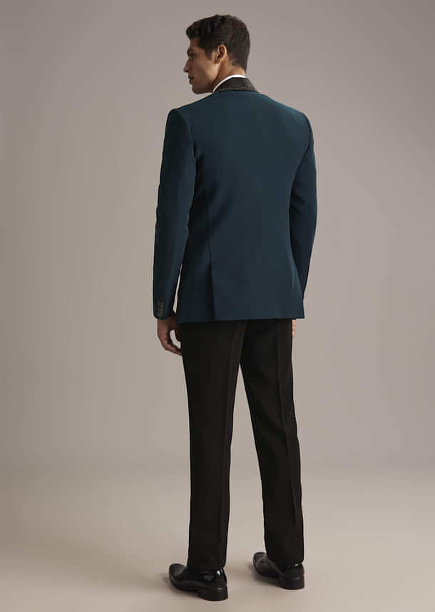 Teal Blue Tuxedo For Men With Cutdana Embroidery Teal Blue Tuxedo For Men With Cutdana Embroidery