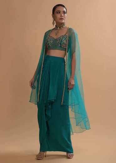 Teal Drape Skirt And Crop Top With Matching Cape And Colorful Resham Embroidered Spring Blooms