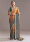 Teal Green And Orange Satin Ombre Saree With Gota Patti Border