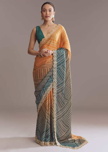 Teal Green And Orange Satin Ombre Saree With Gota Patti Border