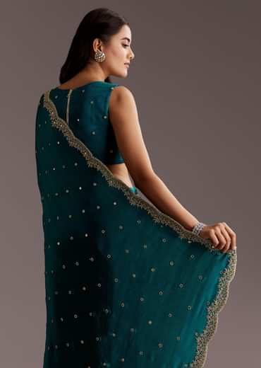 Teal Green Chinon Saree With Cutdana And Sequins Scallop Border