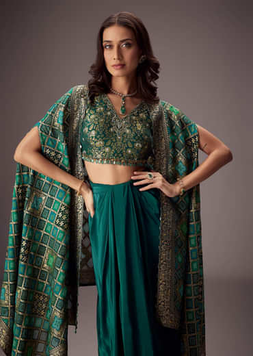 Teal Green Draped Skirt With Embroidered Blouse And Tassel Cape